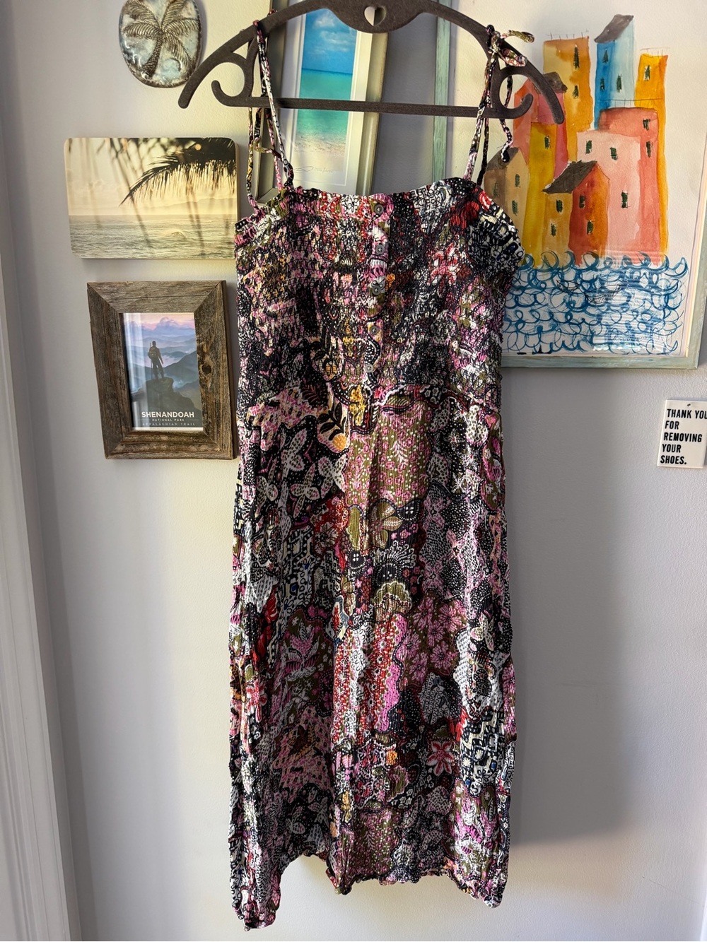 LOFT Pink, Red & Olive Floral Patchwork Smocked Top